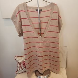 NWTO August Silk, size Medium, Women' deep v neck sweater, tan with pink stripe